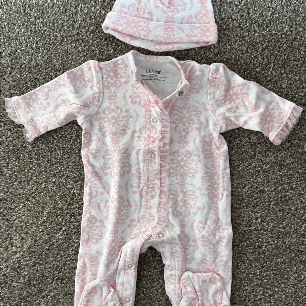 Little Me Pink Floral Damask Print Footie and Hat Set
